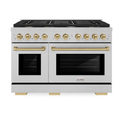 ZLINE Autograph Edition 48 in. 6.7 cu. ft. Paramount Double Oven Dual Fuel Range with 8 Burner Gas Cooktop in Satin Stainless Steel and Champagne Bronze Accents - SDRSZ-48-CB - The Home Selection