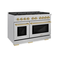 ZLINE Autograph Edition 48 in. 6.7 cu. ft. Paramount Double Oven Dual Fuel Range with 8 Burner Gas Cooktop in Satin Stainless Steel and Champagne Bronze Accents - SDRSZ-48-CB - The Home Selection