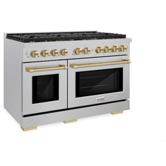ZLINE Autograph Edition 48 in. 6.7 cu. ft. Paramount Double Oven Dual Fuel Range with 8 Burner Gas Cooktop in Satin Stainless Steel and Champagne Bronze Accents - SDRSZ-48-CB - The Home Selection