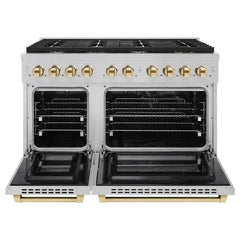 ZLINE Autograph Edition 48 in. 6.7 cu. ft. Paramount Double Oven Dual Fuel Range with 8 Burner Gas Cooktop in Satin Stainless Steel and Polished Gold Accents - SDRSZ-48-G - The Home Selection