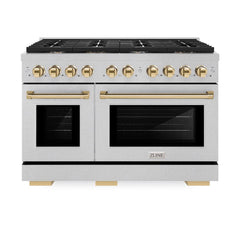 ZLINE Autograph Edition 48 in. 6.7 cu. ft. Paramount Double Oven Dual Fuel Range with 8 Burner Gas Cooktop in Satin Stainless Steel and Polished Gold Accents - SDRSZ-48-G - The Home Selection