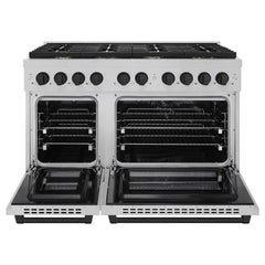 ZLINE Autograph Edition 48 in. 6.7 cu. ft. Paramount Double Oven Dual Fuel Range with 8 Burner Gas Cooktop in Satin Stainless Steel and Matte Black Accents - SDRSZ-48-MB - The Home Selection