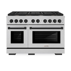 ZLINE Autograph Edition 48 in. 6.7 cu. ft. Paramount Double Oven Dual Fuel Range with 8 Burner Gas Cooktop in Satin Stainless Steel and Matte Black Accents - SDRSZ-48-MB - The Home Selection