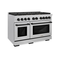 ZLINE Autograph Edition 48 in. 6.7 cu. ft. Paramount Double Oven Dual Fuel Range with 8 Burner Gas Cooktop in Satin Stainless Steel and Matte Black Accents - SDRSZ-48-MB - The Home Selection