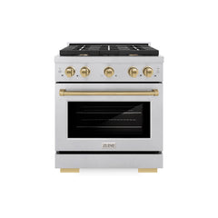 ZLINE Autograph Edition 30 in. 4.2 cu. ft. Paramount Gas Range with 4 Burner Cooktop and Convection Gas Oven in Satin Stainless Steel and Champagne Bronze Accents