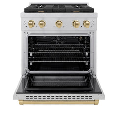 ZLINE Autograph Edition 30 in. 4.2 cu. ft. Paramount Gas Range with 4 Burner Cooktop and Convection Gas Oven in Satin Stainless Steel and Champagne Bronze Accents