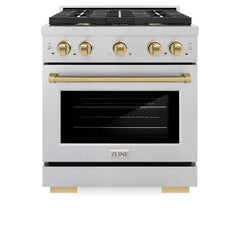 ZLINE Autograph Edition 30 in. 4.2 cu. ft. Paramount Gas Range with 4 Burner Cooktop and Convection Gas Oven in Satin Stainless Steel and Champagne Bronze Accents