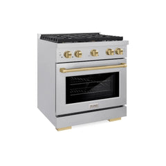 ZLINE Autograph Edition 30 in. 4.2 cu. ft. Paramount Gas Range with 4 Burner Cooktop and Convection Gas Oven in Satin Stainless Steel and Champagne Bronze Accents