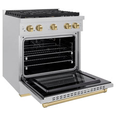 ZLINE Autograph Edition 30 in. 4.2 cu. ft. Paramount Gas Range with 4 Burner Cooktop and Convection Gas Oven in Satin Stainless Steel and Champagne Bronze Accents