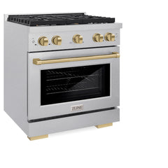ZLINE Autograph Edition 30 in. 4.2 cu. ft. Paramount Gas Range with 4 Burner Cooktop and Convection Gas Oven in Satin Stainless Steel and Champagne Bronze Accents