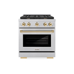 ZLINE Autograph Edition 30 in. 4.2 cu. ft. Paramount Gas Range with 4 Burner Cooktop and Convection Gas Oven in Satin Stainless Steel and Polished Gold Accents