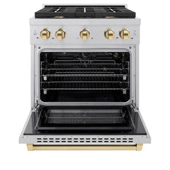 ZLINE Autograph Edition 30 in. 4.2 cu. ft. Paramount Gas Range with 4 Burner Cooktop and Convection Gas Oven in Satin Stainless Steel and Polished Gold Accents