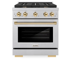 ZLINE Autograph Edition 30 in. 4.2 cu. ft. Paramount Gas Range with 4 Burner Cooktop and Convection Gas Oven in Satin Stainless Steel and Polished Gold Accents