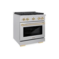 ZLINE Autograph Edition 30 in. 4.2 cu. ft. Paramount Gas Range with 4 Burner Cooktop and Convection Gas Oven in Satin Stainless Steel and Polished Gold Accents