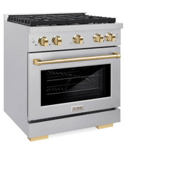 ZLINE Autograph Edition 30 in. 4.2 cu. ft. Paramount Gas Range with 4 Burner Cooktop and Convection Gas Oven in Satin Stainless Steel and Polished Gold Accents