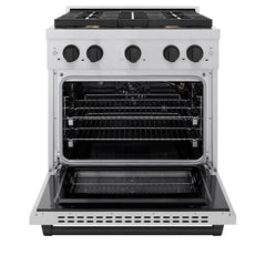 ZLINE Autograph Edition 30 in. 4.2 cu. ft. Paramount Gas Range with 4 Burner Cooktop and Convection Gas Oven in Satin Stainless Steel and Matte Black Accents