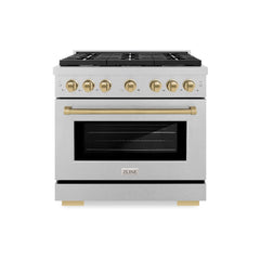 ZLINE Autograph Edition 36 in. 5.2 cu. ft. Paramount Gas Range with 6 Burner Cooktop and Convection Gas Oven in Satin Stainless Steel and Champagne Bronze Accents