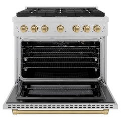 ZLINE Autograph Edition 36 in. 5.2 cu. ft. Paramount Gas Range with 6 Burner Cooktop and Convection Gas Oven in Satin Stainless Steel and Champagne Bronze Accents