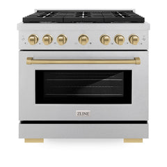ZLINE Autograph Edition 36 in. 5.2 cu. ft. Paramount Gas Range with 6 Burner Cooktop and Convection Gas Oven in Satin Stainless Steel and Champagne Bronze Accents
