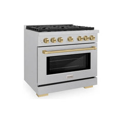 ZLINE Autograph Edition 36 in. 5.2 cu. ft. Paramount Gas Range with 6 Burner Cooktop and Convection Gas Oven in Satin Stainless Steel and Champagne Bronze Accents