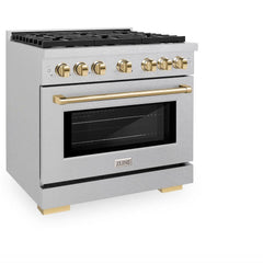 ZLINE Autograph Edition 36 in. 5.2 cu. ft. Paramount Gas Range with 6 Burner Cooktop and Convection Gas Oven in Satin Stainless Steel and Polished Gold Accents - SGRSZ-36-G - The Home Selection