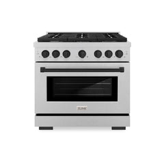 ZLINE Autograph Edition 36 in. 5.2 cu. ft. Paramount Gas Range with 6 Burner Cooktop and Convection Gas Oven in Satin Stainless Steel and Matte Black Accents - SGRSZ-36-MB - The Home Selection