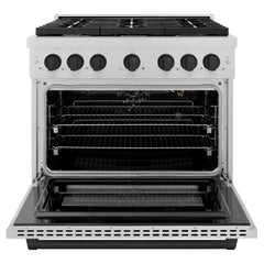 ZLINE Autograph Edition 36 in. 5.2 cu. ft. Paramount Gas Range with 6 Burner Cooktop and Convection Gas Oven in Satin Stainless Steel and Matte Black Accents - SGRSZ-36-MB - The Home Selection