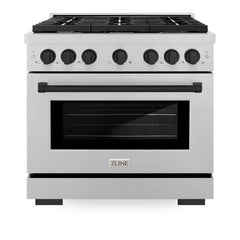 ZLINE Autograph Edition 36 in. 5.2 cu. ft. Paramount Gas Range with 6 Burner Cooktop and Convection Gas Oven in Satin Stainless Steel and Matte Black Accents - SGRSZ-36-MB - The Home Selection