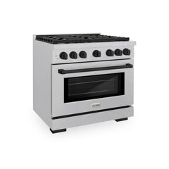 ZLINE Autograph Edition 36 in. 5.2 cu. ft. Paramount Gas Range with 6 Burner Cooktop and Convection Gas Oven in Satin Stainless Steel and Matte Black Accents - SGRSZ-36-MB - The Home Selection