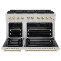 ZLINE Autograph Edition 48 in. 6.7 cu. ft. Paramount Double Oven Gas Range with 8 Burner Cooktop in Satin Stainless Steel and Champagne Bronze Accents - SGRSZ-48-CB - The Home Selection