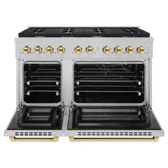 ZLINE Autograph Edition 48 in. 6.7 cu. ft. Paramount Double Oven Gas Range with 8 Burner Cooktop in Satin Stainless Steel and Polished Gold Accents - SGRSZ-48-G - The Home Selection