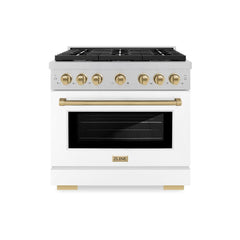 ZLINE Autograph Edition 36 in. 5.2 cu. ft. Paramount Dual Fuel Range with 6 Burner Gas Cooktop and Electric Convection Oven in Satin Stainless Steel with White Matte Door and Champagne Bronze Accents