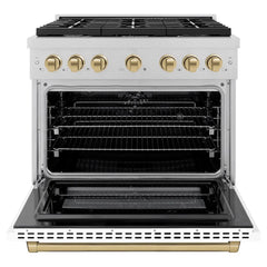 ZLINE Autograph Edition 36 in. 5.2 cu. ft. Paramount Dual Fuel Range with 6 Burner Gas Cooktop and Electric Convection Oven in Satin Stainless Steel with White Matte Door and Champagne Bronze Accents
