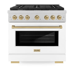 ZLINE Autograph Edition 36 in. 5.2 cu. ft. Paramount Dual Fuel Range with 6 Burner Gas Cooktop and Electric Convection Oven in Satin Stainless Steel with White Matte Door and Champagne Bronze Accents