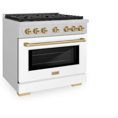ZLINE Autograph Edition 36 in. 5.2 cu. ft. Paramount Dual Fuel Range with 6 Burner Gas Cooktop and Electric Convection Oven in Satin Stainless Steel with White Matte Door and Champagne Bronze Accents