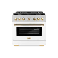 ZLINE Autograph Edition 36 in. 5.2 cu. ft. Paramount Dual Fuel Range with 6 Burner Gas Cooktop and Electric Convection Oven in Satin Stainless Steel with White Matte Door and Polished Gold Accents