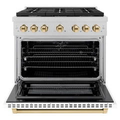 ZLINE Autograph Edition 36 in. 5.2 cu. ft. Paramount Dual Fuel Range with 6 Burner Gas Cooktop and Electric Convection Oven in Satin Stainless Steel with White Matte Door and Polished Gold Accents