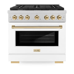 ZLINE Autograph Edition 36 in. 5.2 cu. ft. Paramount Dual Fuel Range with 6 Burner Gas Cooktop and Electric Convection Oven in Satin Stainless Steel with White Matte Door and Polished Gold Accents
