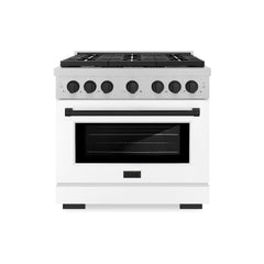 ZLINE Autograph Edition 36 in. 5.2 cu. ft. Paramount Dual Fuel Range with 6 Burner Gas Cooktop and Electric Convection Oven in Satin Stainless Steel with White Matte Door and Matte Black Accents - SDRSZ-WM-36-MB - The Home Selection