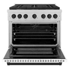 ZLINE Autograph Edition 36 in. 5.2 cu. ft. Paramount Dual Fuel Range with 6 Burner Gas Cooktop and Electric Convection Oven in Satin Stainless Steel with White Matte Door and Matte Black Accents - SDRSZ-WM-36-MB - The Home Selection