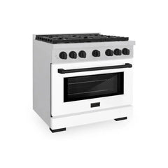 ZLINE Autograph Edition 36 in. 5.2 cu. ft. Paramount Dual Fuel Range with 6 Burner Gas Cooktop and Electric Convection Oven in Satin Stainless Steel with White Matte Door and Matte Black Accents - SDRSZ-WM-36-MB - The Home Selection