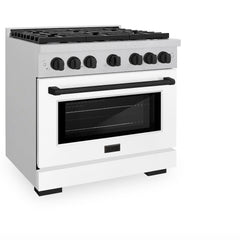 ZLINE Autograph Edition 36 in. 5.2 cu. ft. Paramount Dual Fuel Range with 6 Burner Gas Cooktop and Electric Convection Oven in Satin Stainless Steel with White Matte Door and Matte Black Accents - SDRSZ-WM-36-MB - The Home Selection