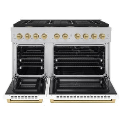 ZLINE Autograph Edition 48 in. 6.7 cu. ft. Paramount Double Oven Dual Fuel Range with 8 Burner Gas Cooktop in Satin Stainless Steel with White Matte Doors and Champagne Bronze Accents - SDRSZ-WM-48-CB - The Home Selection