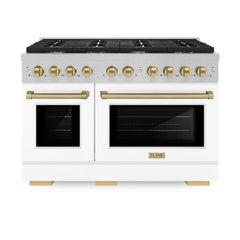 ZLINE Autograph Edition 48 in. 6.7 cu. ft. Paramount Double Oven Dual Fuel Range with 8 Burner Gas Cooktop in Satin Stainless Steel with White Matte Doors and Champagne Bronze Accents - SDRSZ-WM-48-CB - The Home Selection