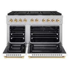 ZLINE Autograph Edition 48 in. 6.7 cu. ft. Paramount Double Oven Dual Fuel Range with 8 Burner Gas Cooktop in Satin Stainless Steel with White Matte Doors and Polished Gold Accents - SDRSZ-WM-48-G - The Home Selection