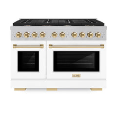 ZLINE Autograph Edition 48 in. 6.7 cu. ft. Paramount Double Oven Dual Fuel Range with 8 Burner Gas Cooktop in Satin Stainless Steel with White Matte Doors and Polished Gold Accents - SDRSZ-WM-48-G - The Home Selection
