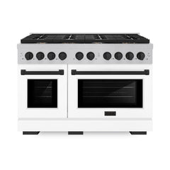 ZLINE Autograph Edition 48 in. 6.7 cu. ft. Paramount Double Oven Dual Fuel Range with 8 Burner Gas Cooktop in Satin Stainless Steel with White Matte Doors and Matte Black Accents - SDRSZ-WM-48-MB - The Home Selection