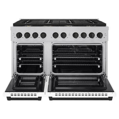ZLINE Autograph Edition 48 in. 6.7 cu. ft. Paramount Double Oven Dual Fuel Range with 8 Burner Gas Cooktop in Satin Stainless Steel with White Matte Doors and Matte Black Accents - SDRSZ-WM-48-MB - The Home Selection