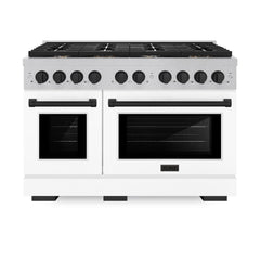 ZLINE Autograph Edition 48 in. 6.7 cu. ft. Paramount Double Oven Dual Fuel Range with 8 Burner Gas Cooktop in Satin Stainless Steel with White Matte Doors and Matte Black Accents - SDRSZ-WM-48-MB - The Home Selection