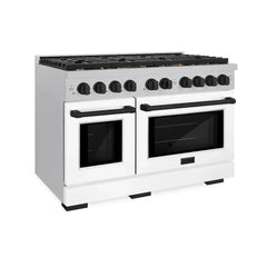 ZLINE Autograph Edition 48 in. 6.7 cu. ft. Paramount Double Oven Dual Fuel Range with 8 Burner Gas Cooktop in Satin Stainless Steel with White Matte Doors and Matte Black Accents - SDRSZ-WM-48-MB - The Home Selection